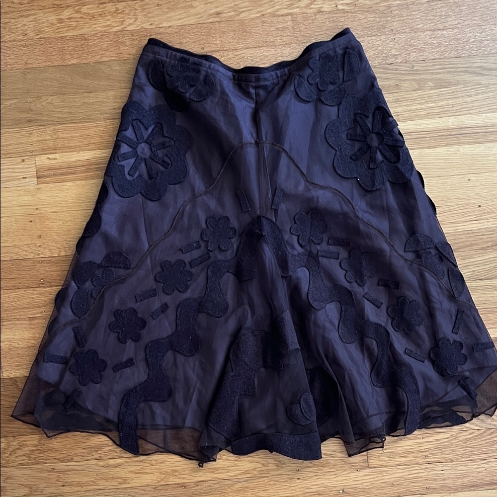 Vintage Dark Brown Midi Skirt with Floral Embroidery Boho Festival Renaissance